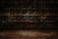 Industrial grunge background, dark room with walls of rusty metal plates, dirty metal floor Royalty Free Stock Photo