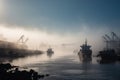 industrial harbor, with smoggy mist covering the water