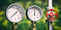Industrial manometers, pipelines and valves on blur green background, 3d illustration