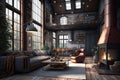 industrial home with cozy lounge area and fireplace