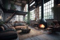 industrial home with cozy lounge area and fireplace