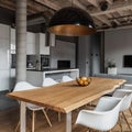 Industrial home interior with long dining table