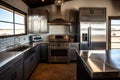 industrial home kitchen with sleek countertops, custom cabinets, and stainless steel appliances