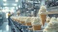 Industrial ice cream production process featuring multiple cones being filled with cream at a manufacturing facility Royalty Free Stock Photo