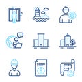 Industrial icons set. Included icon as Foreman, Elevator, Technical info signs. Vector