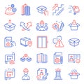 Industrial icons set. Included icon as Push cart, Buildings, Lighthouse. Vector