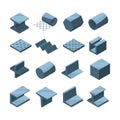 Industrial icons set of metallurgic production. Isometric pictures of steel or iron pipes