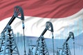 Industrial illustration of oil wells - Netherlands oil industry concept on flag background. 3D Illustration