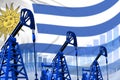 Industrial illustration of oil wells - Uruguay oil industry concept on flag background. 3D Illustration