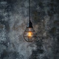 Industrial innovation hanging lightbulb on textured cement backdrop