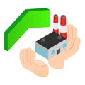 Industrial insurance icon isometric vector. Human hand holds power plant arrow