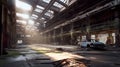 Interior of abandoned car construction factory, AI generative obsolete plant with broken mashines