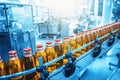 Industrial interior of natural juice plant production in blue color. Conveyor belt, filled bottles on beverage factory