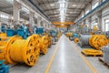 Industrial interior showcasing large cable spools and machinery, emphasizing manufacturing, equipment, and the essence of a Royalty Free Stock Photo