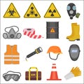 Industrial job work safety equipment flat icons set. Radiation and chemical protection. Royalty Free Stock Photo