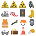 Industrial job work safety equipment flat icons set. Radiation and chemical protection.