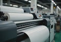 Industrial laminating machine with rolls of material in a factory setting Royalty Free Stock Photo