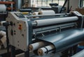Industrial laminating machine with rolls of material in a workshop setting Royalty Free Stock Photo