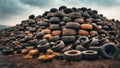 Industrial landfill for the processing of waste tires and rubber tyres. Pile of old tires and wheels for rubber recycling