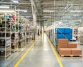 Industrial landscape with boxes and racks of wires at a modern plant for the production of electric wiring for automobiles.