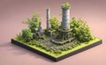Industrial landscape with chimneys and green trees, 3d render Royalty Free Stock Photo