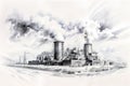 Industrial landscape with chimneys of thermal power plant. Vector illustration., generative ai Royalty Free Stock Photo