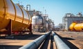 Industrial landscape: Detailed view of gas and chemical plant infrastructure with storage tanks, pipelines, and modern machinery Royalty Free Stock Photo