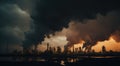 Industrial landscape with heavy smoke from chimneys of power plant.