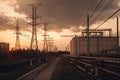 Industrial landscape with high voltage power lines at sunset. Electric substation with power lines and transformer, AI Generated Royalty Free Stock Photo