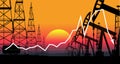 Industrial landscape of oil production against the background of a graph of falling prices per barrel vector illustration