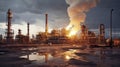 Oil refinery at sunset with reflection in the water Royalty Free Stock Photo