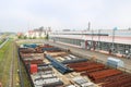 Industrial landscape. Panoramic view of technological pipes. Rusty pipes, blue rubies, production communications. Repair buildings Royalty Free Stock Photo