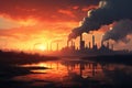 Industrial landscape with polluting factory at sunset. Vector illustration