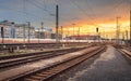 Industrial landscape. Railway Station in Nuremberg, Germany. Railroad at sunset