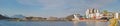Industrial, landscape and ship on the ocean for transportation, factory and manufacturing. Panoramic view, boat or yacht Royalty Free Stock Photo