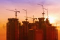 Industrial landscape with silhouettes of cranes Royalty Free Stock Photo