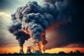 Industrial landscape with smoke polluting air, homes, trees, residents wearing masks for protection