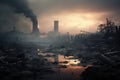 Industrial landscape with smoke and smog in the river at sunset, Abandoned industrial area in the smoke and smog. Disaster concept