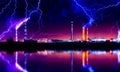 Industrial landscape with smoking chimneys and reflection in water at night