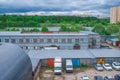 Industrial landscape in spring, working yard, office windows. Royalty Free Stock Photo