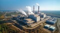 Industrial landscape, with Traditional thermal power plant generating heat, producing steam and smog. Environmental concept Royalty Free Stock Photo