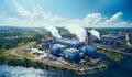Industrial landscape, with Traditional thermal power plant generating heat, producing steam and smog. Environmental concept Royalty Free Stock Photo