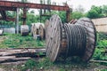 Industrial landscape, wood material rusty steel cable Coils Royalty Free Stock Photo