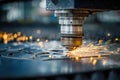 Industrial laser cutting machine producing sparks while precisely shaping metal sheets in a manufacturing workshop setting with Royalty Free Stock Photo