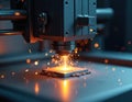 Industrial laser machine builds metal object layer by layer. Sparks fly as the sintering process creates complex part. Modern Royalty Free Stock Photo