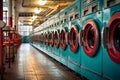 Industrial Laundromat: A Row of Public Laundry Machines. AI