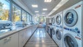 Industrial laundry room interior with rows of washing machines and dryers