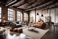 An industrial loft with brick walls, metal beams, and a mix of vintage and modern furniture