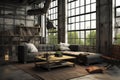 Industrial Loft Living Room with Large Windows Royalty Free Stock Photo