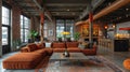 Industrial loft living space with exposed ductwork and concrete floors